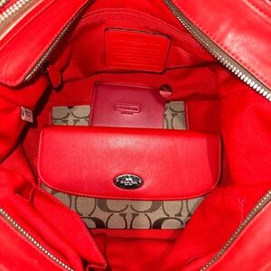 Vintage Coach handbag, Red leather and Brown, tan iconic logo print.